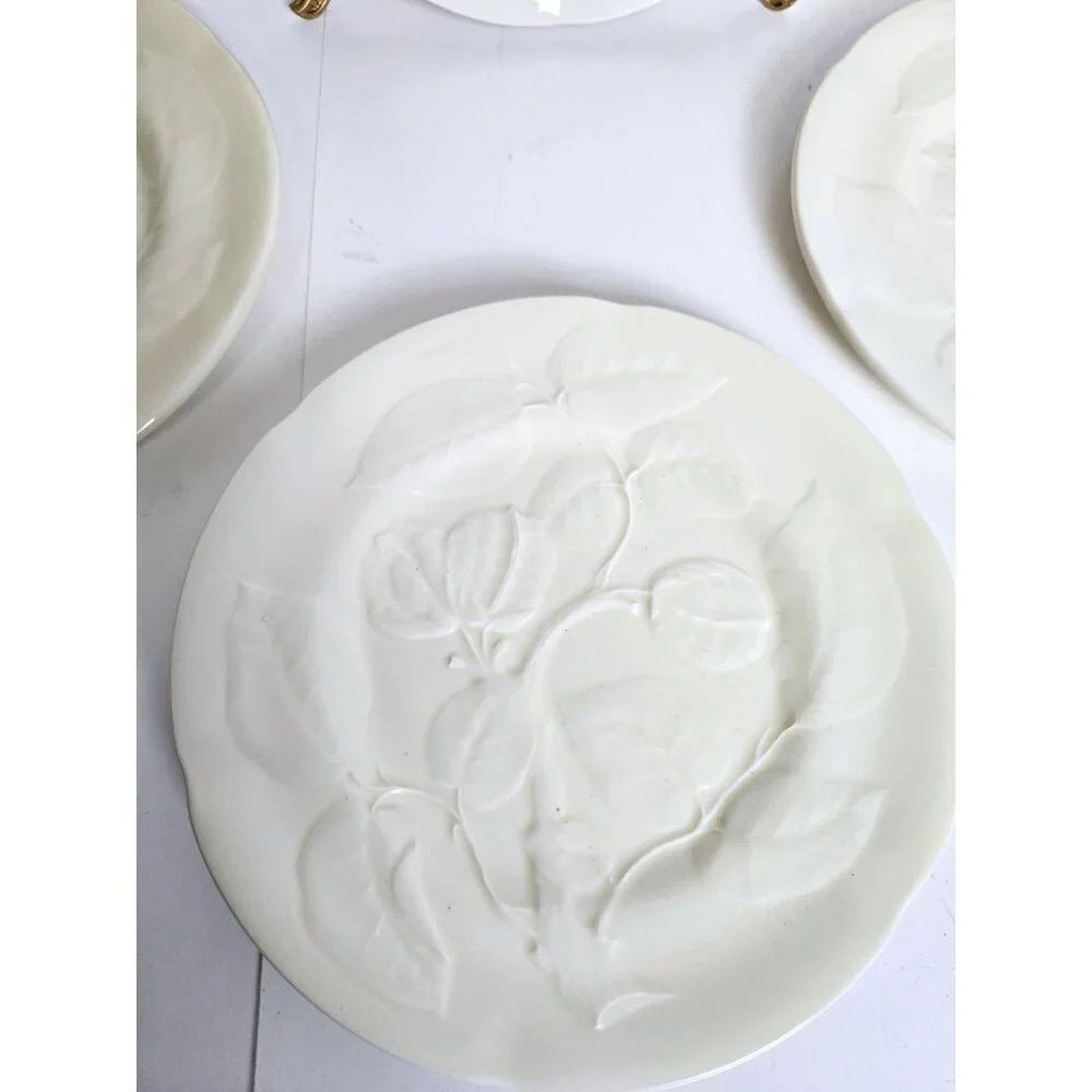 WILLIAM SONOMA Yellow Cream Salad Plates Embossed Botanical Portugal Set…